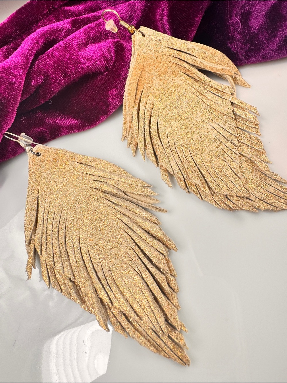 Shimmering Gold Double Fringe Suede Leaf Earrings - Women Jewelry